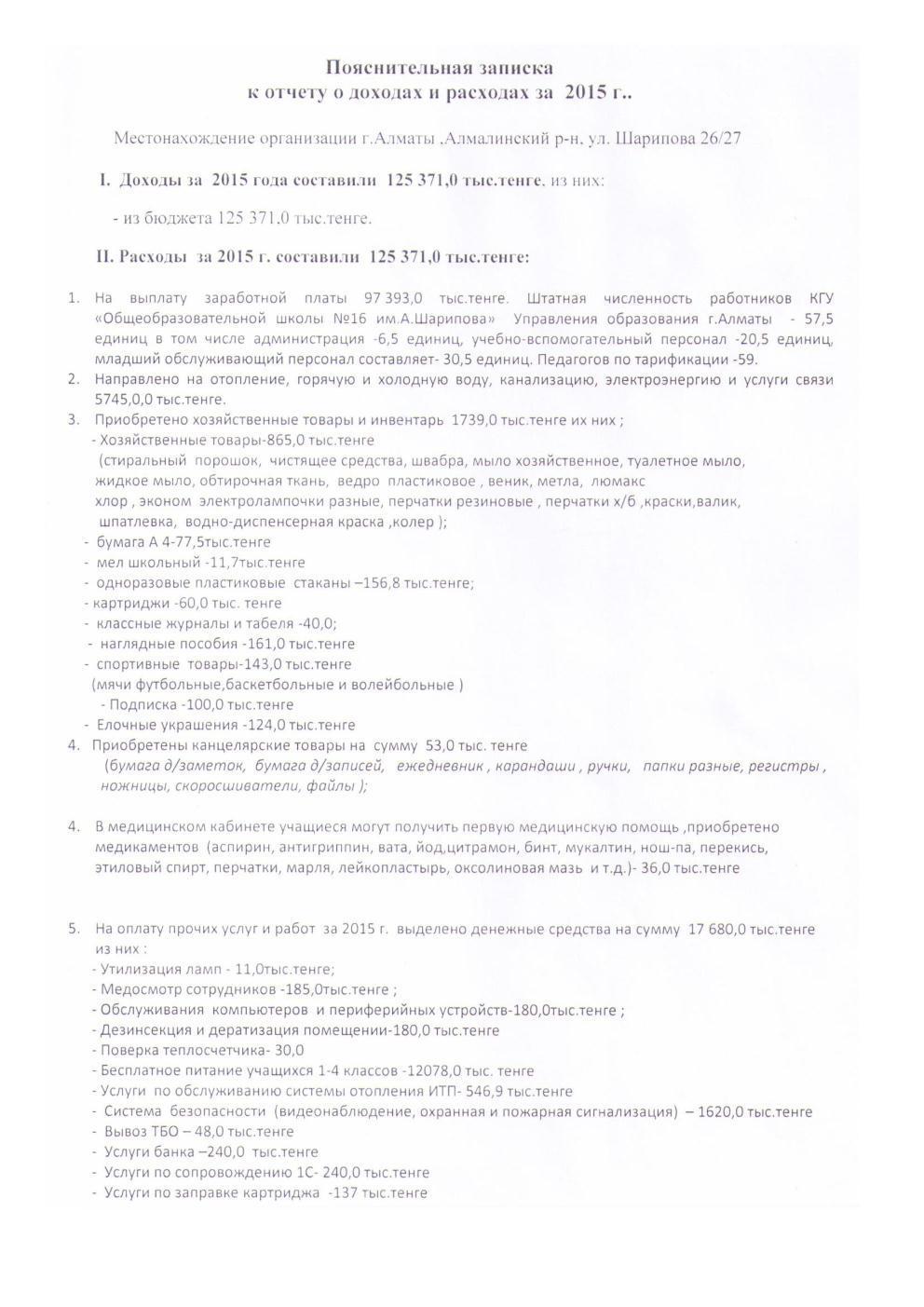 Отчет о доходах и расходах на 2015 год КГУ ОШ №16 им. А.Шарипова